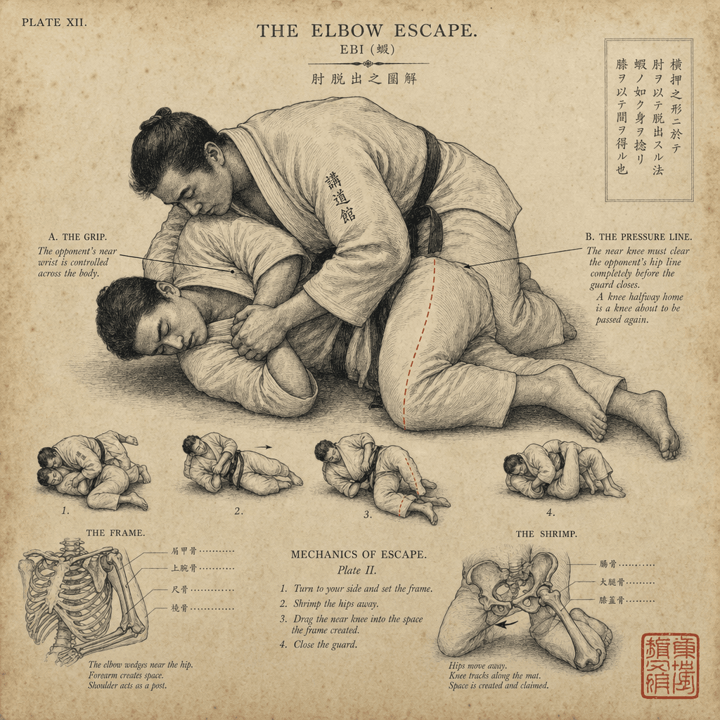 Engraved plate illustrating The Elbow Escape