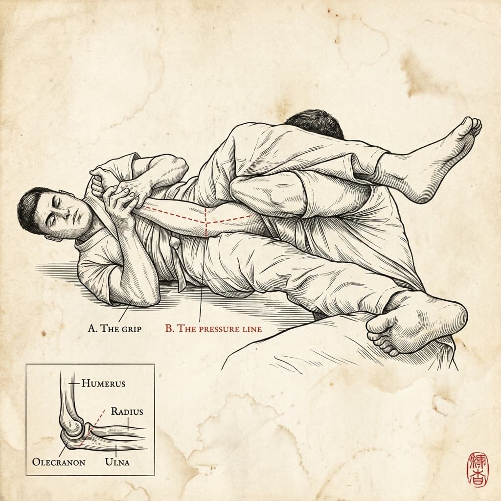 Engraved plate illustrating The Straight Armlock from Guard